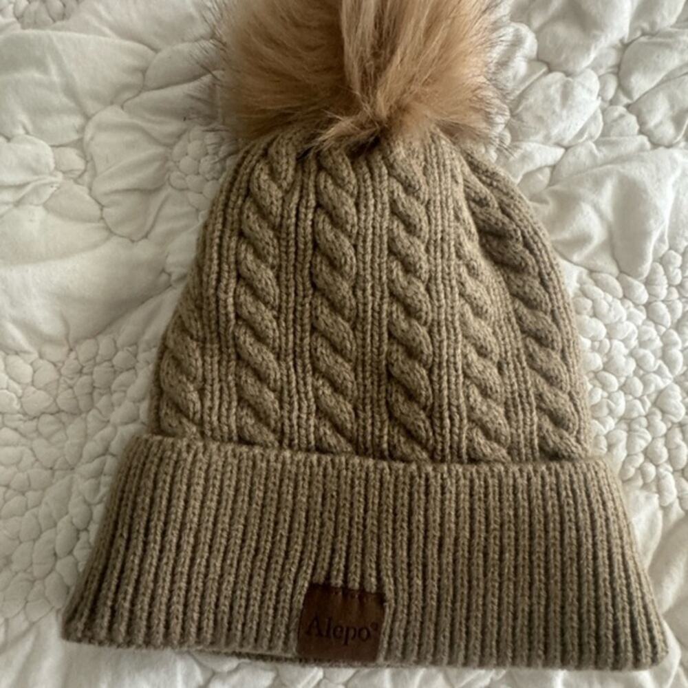 NWOT Tan Cable Knit Beanie with Pom Pom